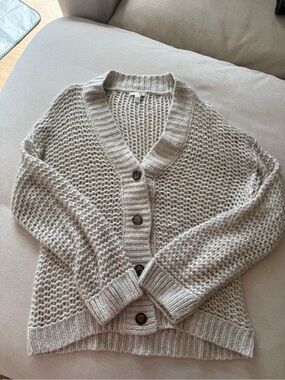 Muse Chunky Open-Knit Button Cardigan in Light Taupe